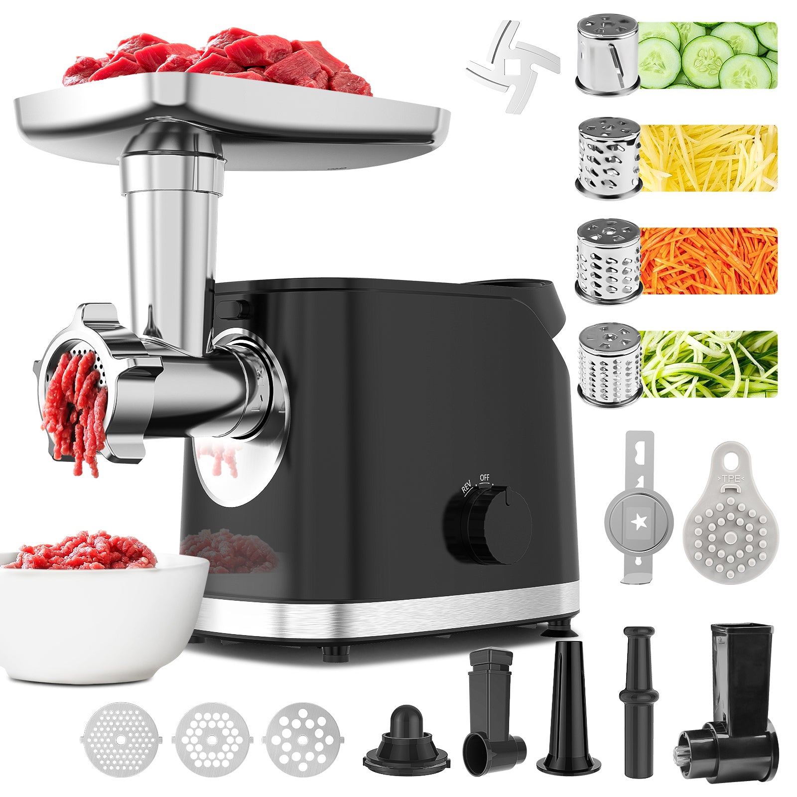 Meat Grinder Electric, 3 Grinding Plates & 2 Blades, [2000W Max]3-IN-1  Stainless Steel Food Grinder & Sausage Stuffer