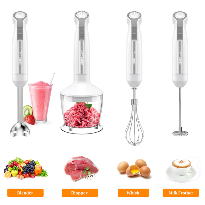 LINKChef Immersion Blender, 20-Speed Hand Blender, 1000W 5-in-1 Immersion Hand Blender, Stick Blender with Turbo Mode, Baby Food Processor with Chopper, Blender for Kitchen with 600ml Beaker (White) LINKChef