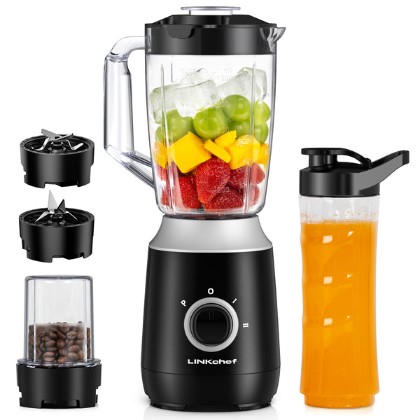 LINKChef Smoothies Blender, Blender for Smoothies and Shakes, Countertop Blender with 35oz Plastic Jar, Personal Blender Travel Cup & Coffee Grinder Attachment, 350 Watts (Black) LINKChef