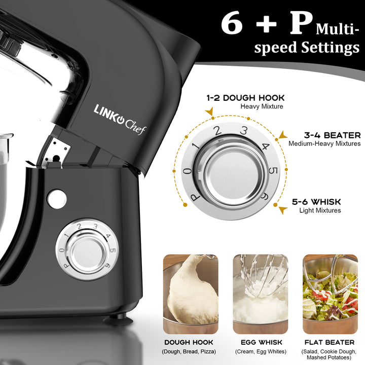 LINKChef Stand Mixer, 5.3QT 800W 6+P Speeds with Whisk, Dough Hook and Beater (Black) LINKChef