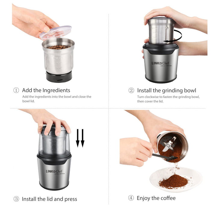 LINKChef Coffee Grinder,Coffee Bean Grinder,Spice Grinder with Stainless Steel Four Blades Perfect for Coffee Beans,Spice,Tea (Silver) LINKChef