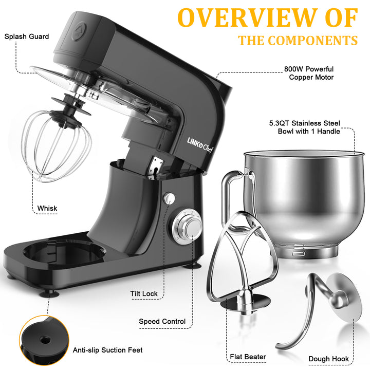 LINKChef Stand Mixer, 5.3QT 800W 6+P Speeds with Whisk, Dough Hook and Beater (Black) LINKChef