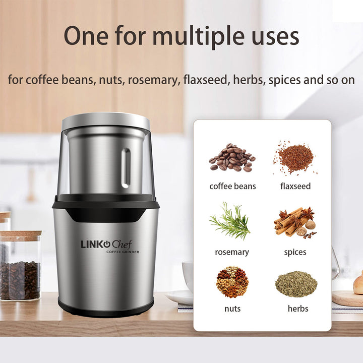 LINKChef Coffee Grinder,Coffee Bean Grinder,Spice Grinder with Stainless Steel Four Blades Perfect for Coffee Beans,Spice,Tea (Silver) LINKChef