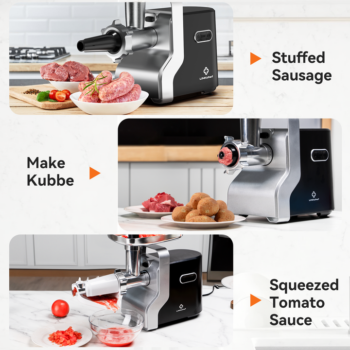 LINKchef Meat Grinder, Sausage Stuffer, Meat Grinder Electric Stainless Steel, Meat Grinder Maker Heavy Duty 2100W Max With 3 Plates, 4 Vegetable Attachment, Blades, Sausage Stuffer Tube & Kubbe Kit LINKChef