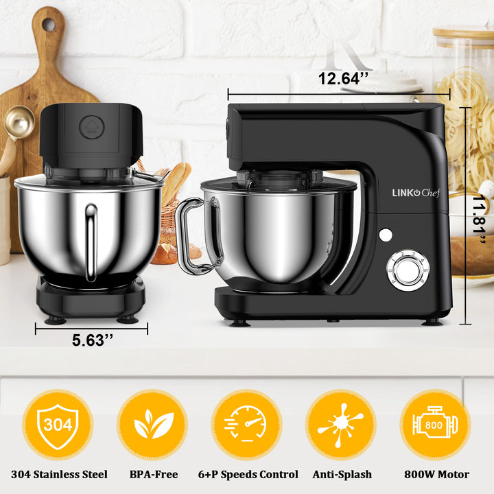 LINKChef Stand Mixer, 5.3QT 800W 6+P Speeds with Whisk, Dough Hook and Beater (Black) LINKChef