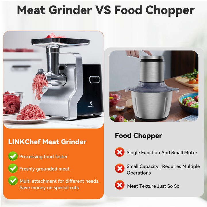 LINKchef Meat Grinder, Sausage Stuffer, Meat Grinder Electric Stainless Steel, Meat Grinder Maker Heavy Duty 2100W Max With 3 Plates, 4 Vegetable Attachment, Blades, Sausage Stuffer Tube & Kubbe Kit LINKChef