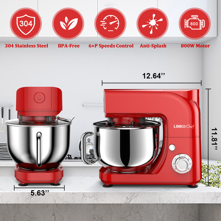 5.3Qt Stand Mixer, 6+Pulse Speeds with Whisk, Dough Hook & Beater, 800W (3 Colors Available). LINKChef