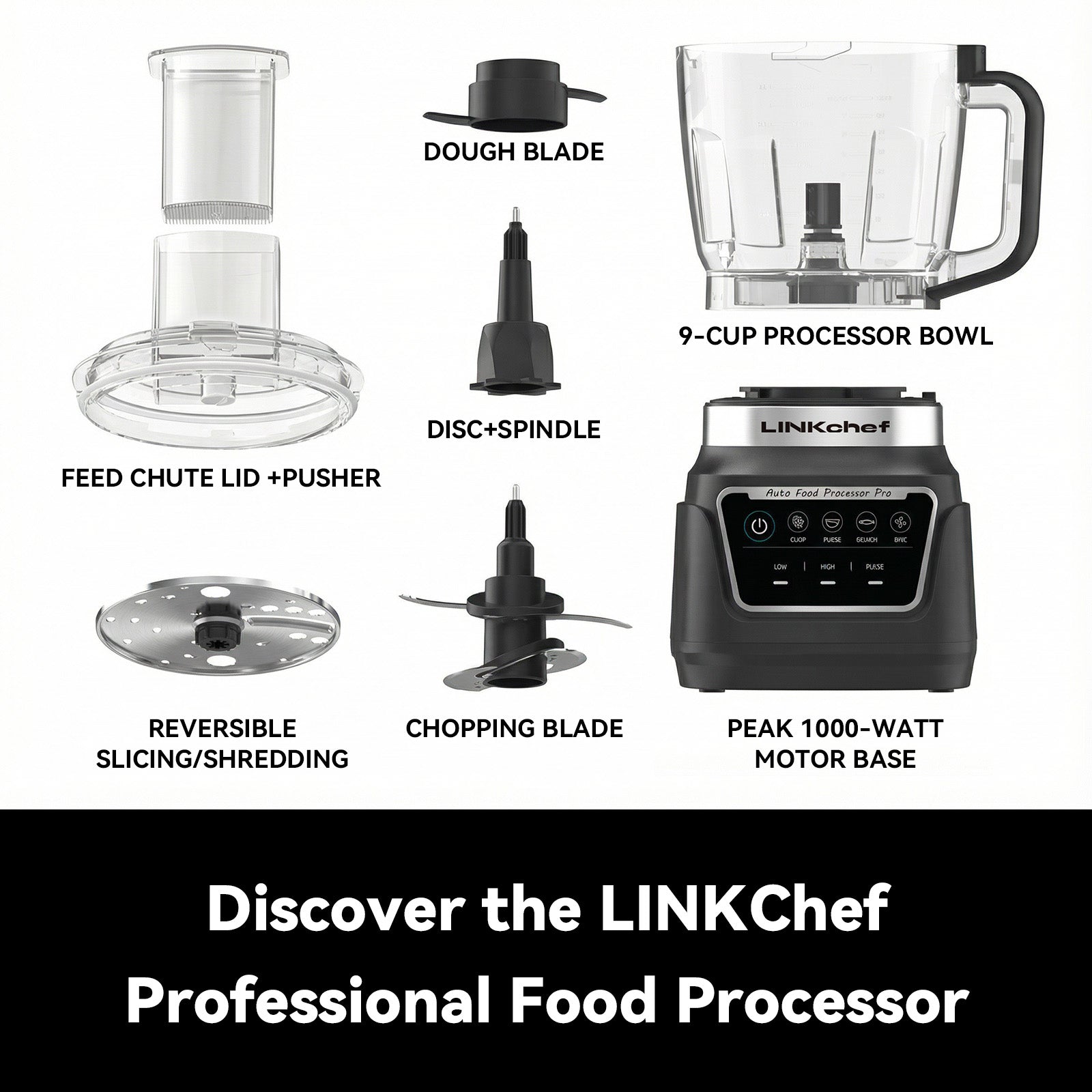 LINKChef 1000-Watt 9-Cup Food Processor & Vegetable Chopper - 4-in-1 f