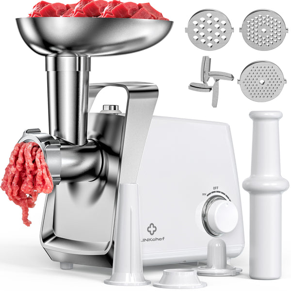 LINKChef Meat Grinder, 1500W Max Electric Meat Grinder Machine for Home Use, 3 Plates, Sausage Stuffer (White)