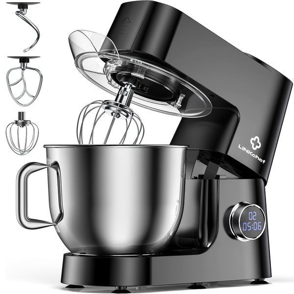 LINKChef 7.4 Quart Stand Mixer, 800W 12-Speed Tilt-Head Food Mixer, Kitchen Electric Mixer with Dough Hook, Wire Whip & Beater, Black