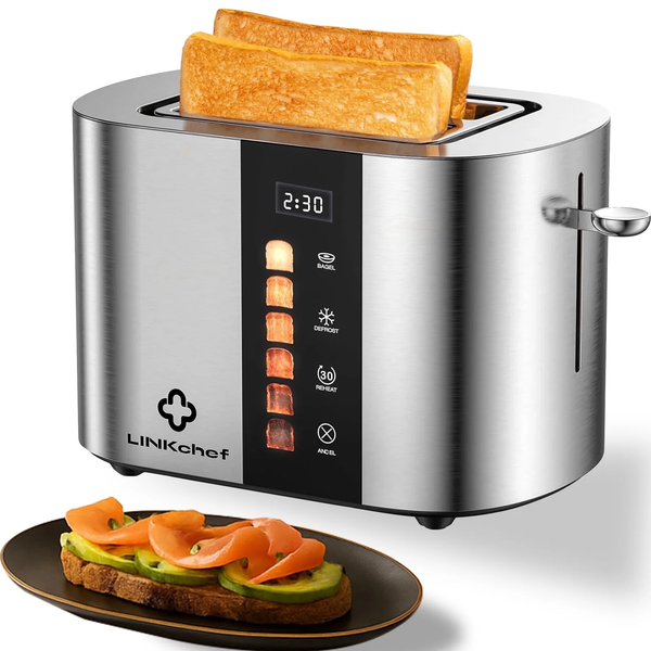 LINKChef Touch Screen 2-Slice Toaster, Stainless Steel, 6 Shade Settings, Timer Countdown